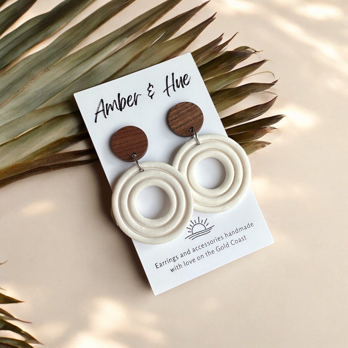 Boho Circle White Dangle Earrings With Wooden Stud Post