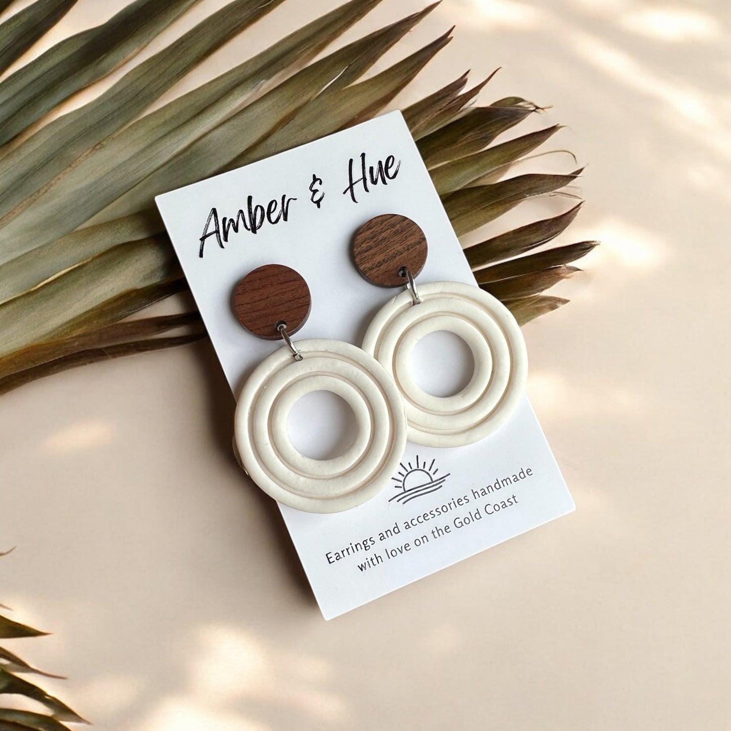 Boho Circle White Dangle Earrings With Wooden Stud Post