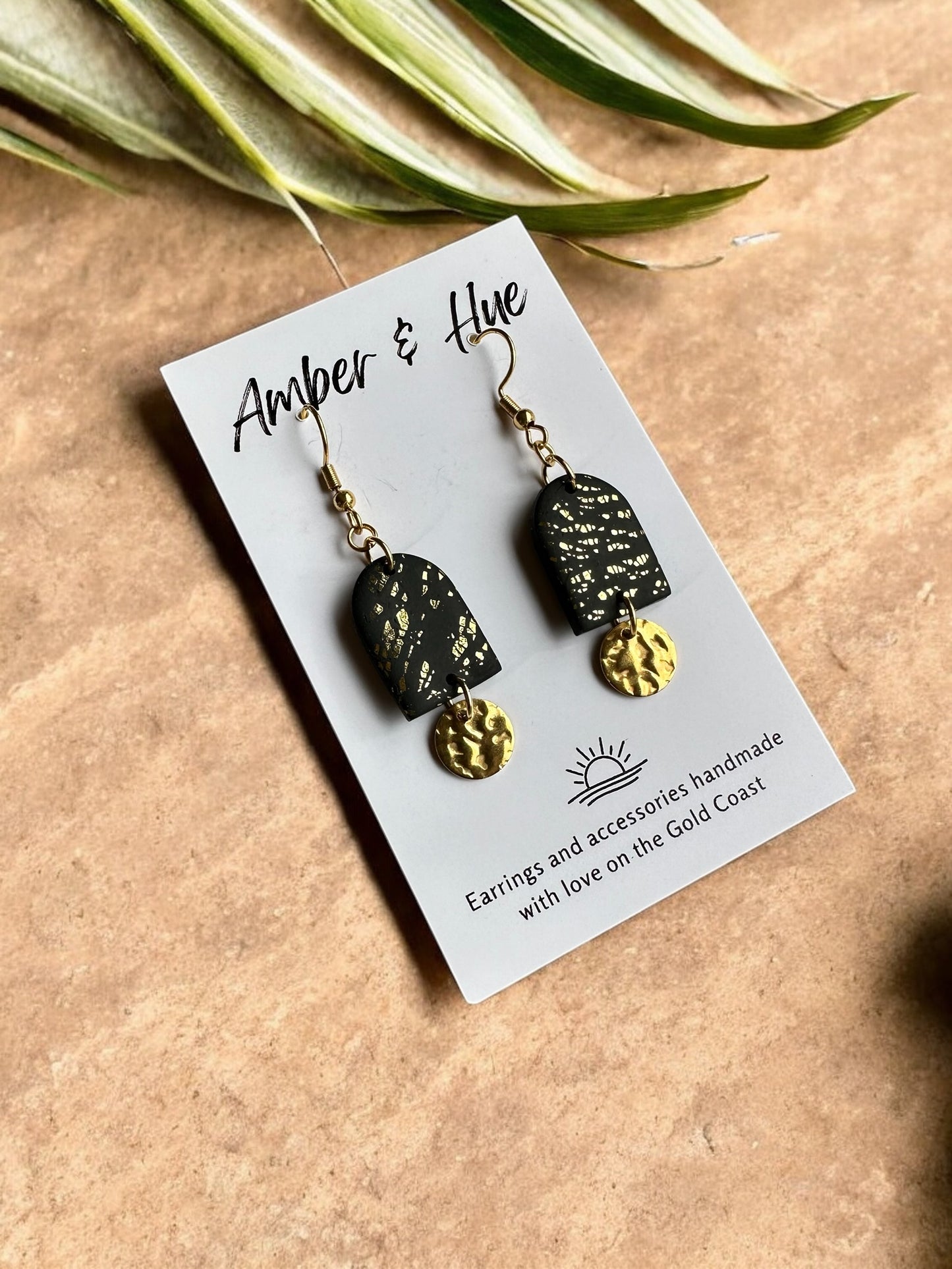 Black Arch and Golden Disk Hook Earrings