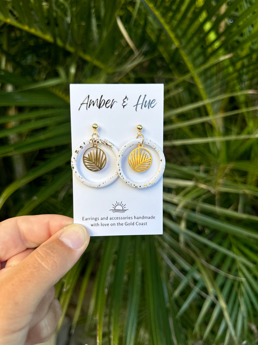 Hoop White Dangle Earrings With Gold Charm
