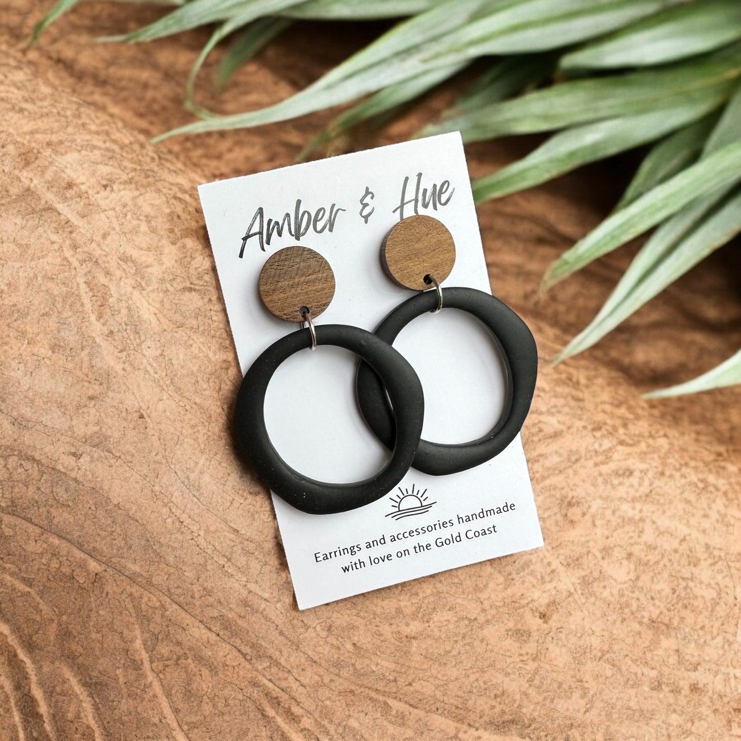 Large Black Hoop Dangle Earrings with a Wooden Stud Post