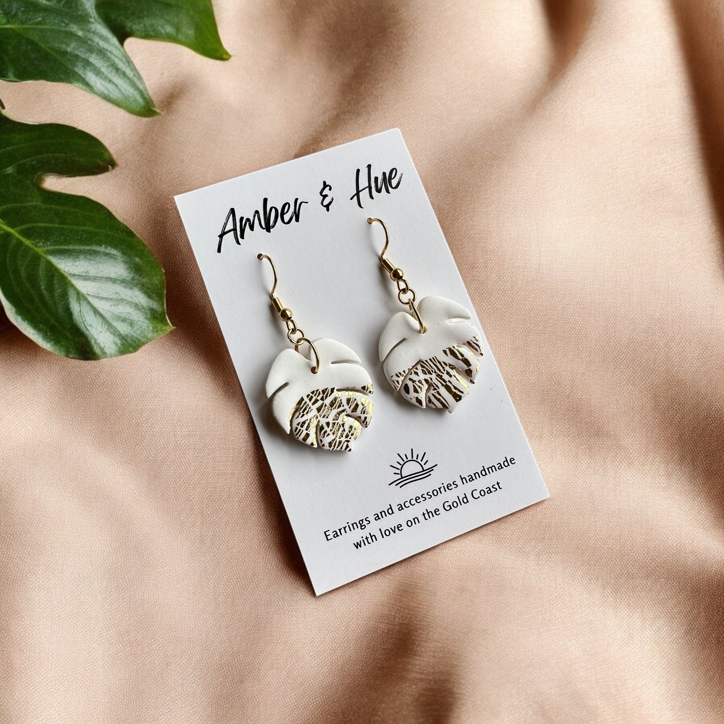 Monstera Leaf White and Gold Hook Earrings