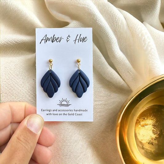 Deep Navy Blue Leaf Dangle Earrings