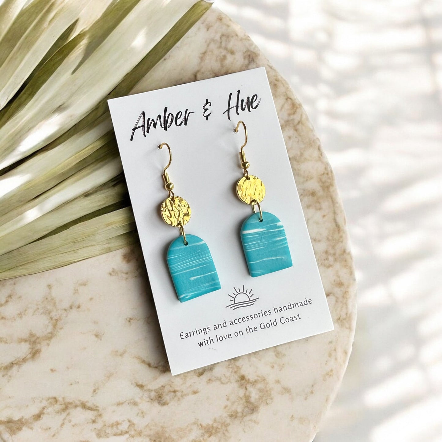 Aqua Marble and Gold Dainty Disk Hook Earrings