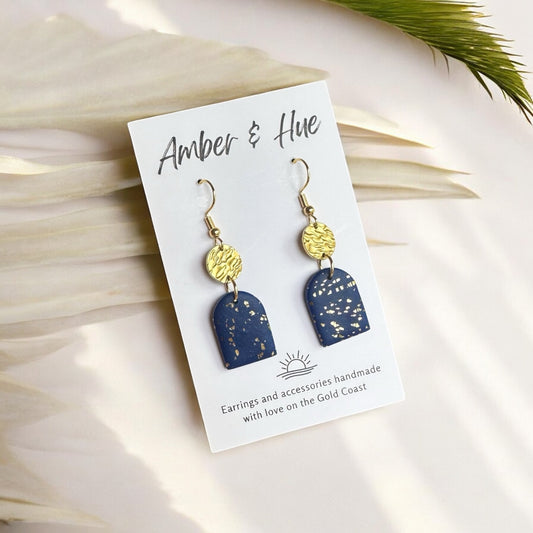 Navy Blue and Gold Shimmery Arch Hook Earrings
