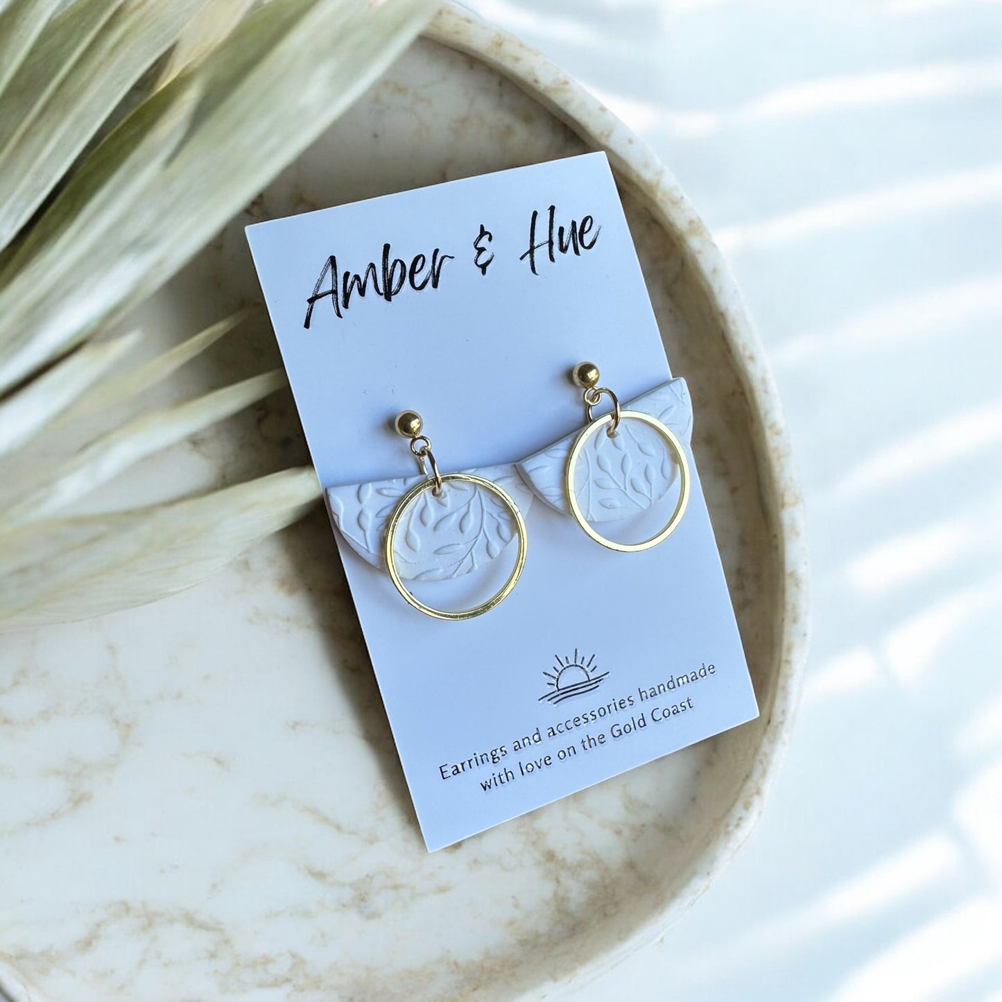 Half Circle White and Gold Dangle Earrings