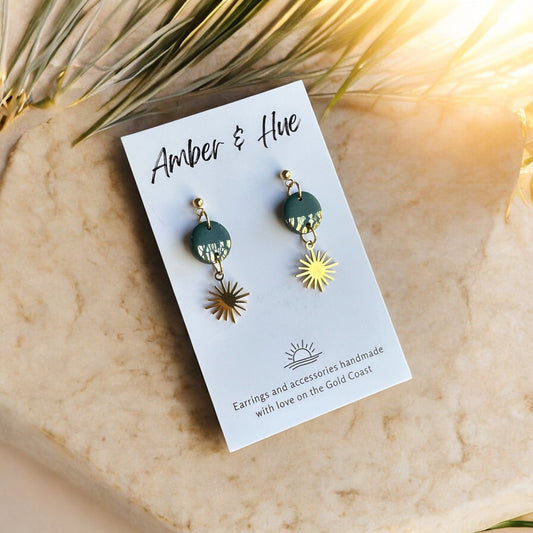 Bottle Green Celestial and Gold Charm Dangle Earrings