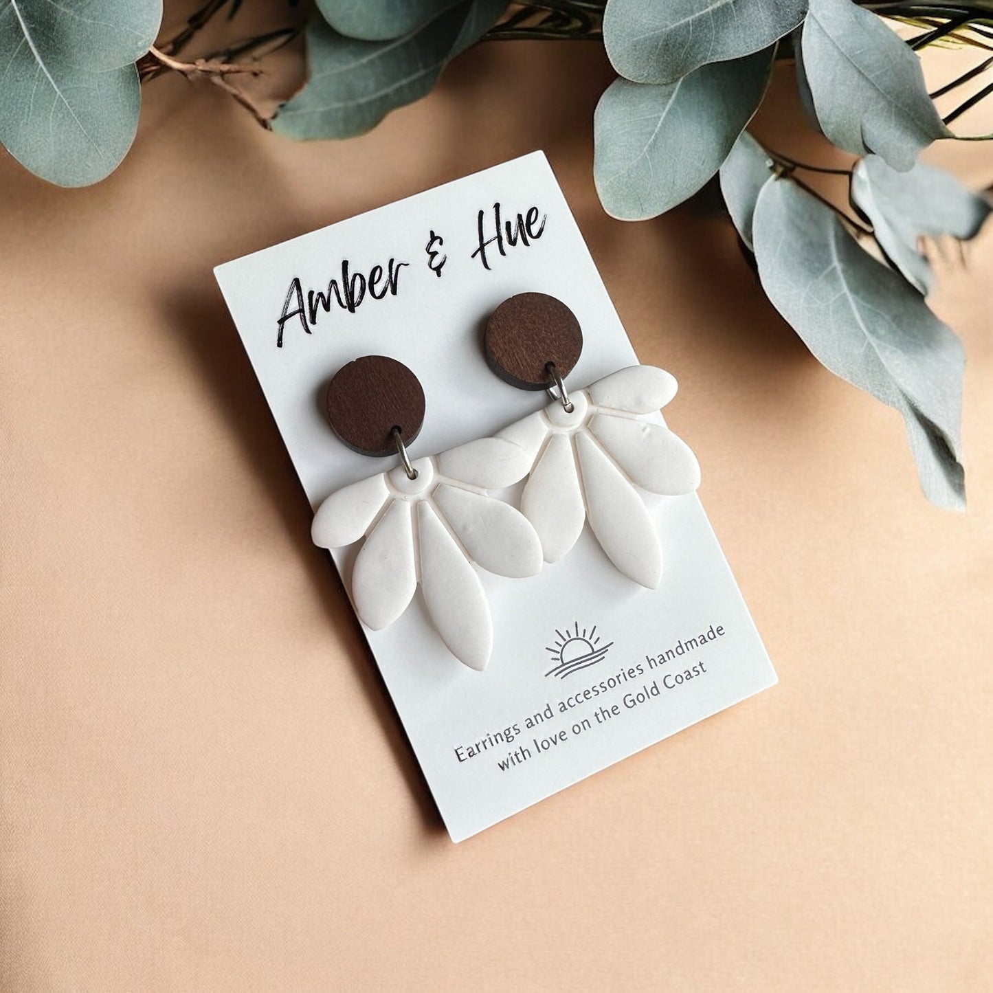 Flower White and Wood Dangle Earrings