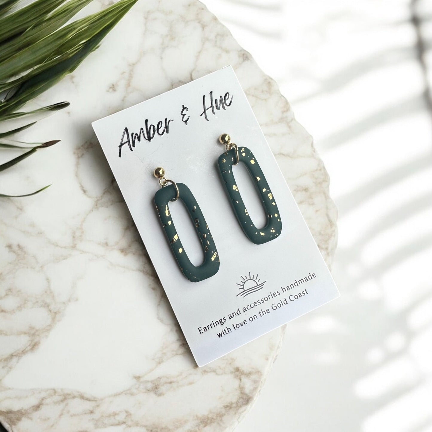 Dark Green and Shimmery Gold Rounded Rectangle Dangle Earrings