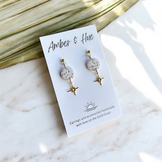 Star Charm Dangle Earrings White & Gold