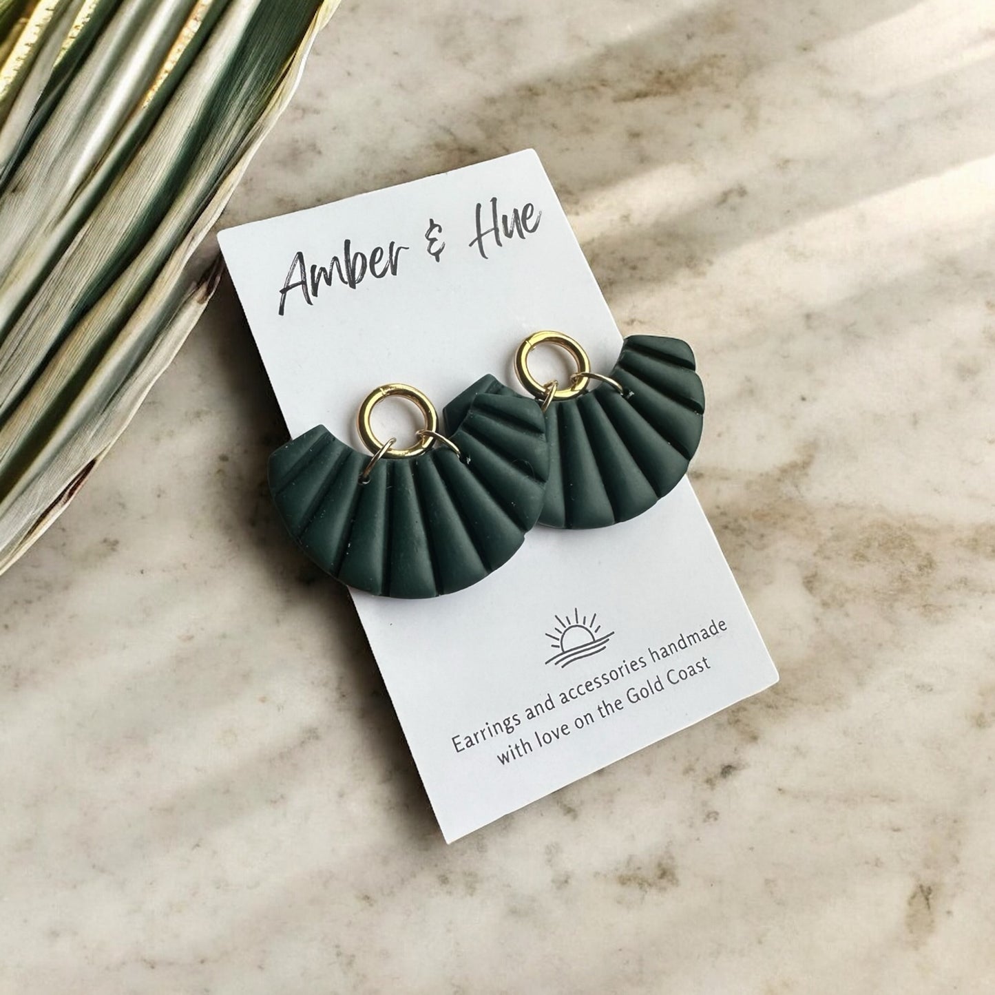 Deep Green Fan Dangle Earrings with Gold Ring Stud Post