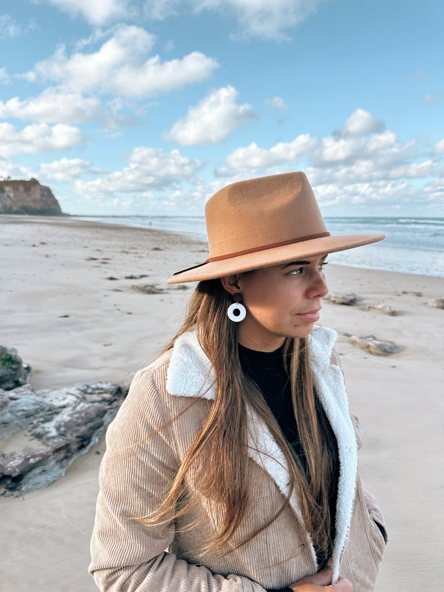 Boho Circle White Dangle Earrings With Wooden Stud Post