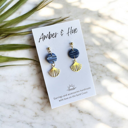 Blue Marbled and Gold Seashell Charm Dangle Earrings
