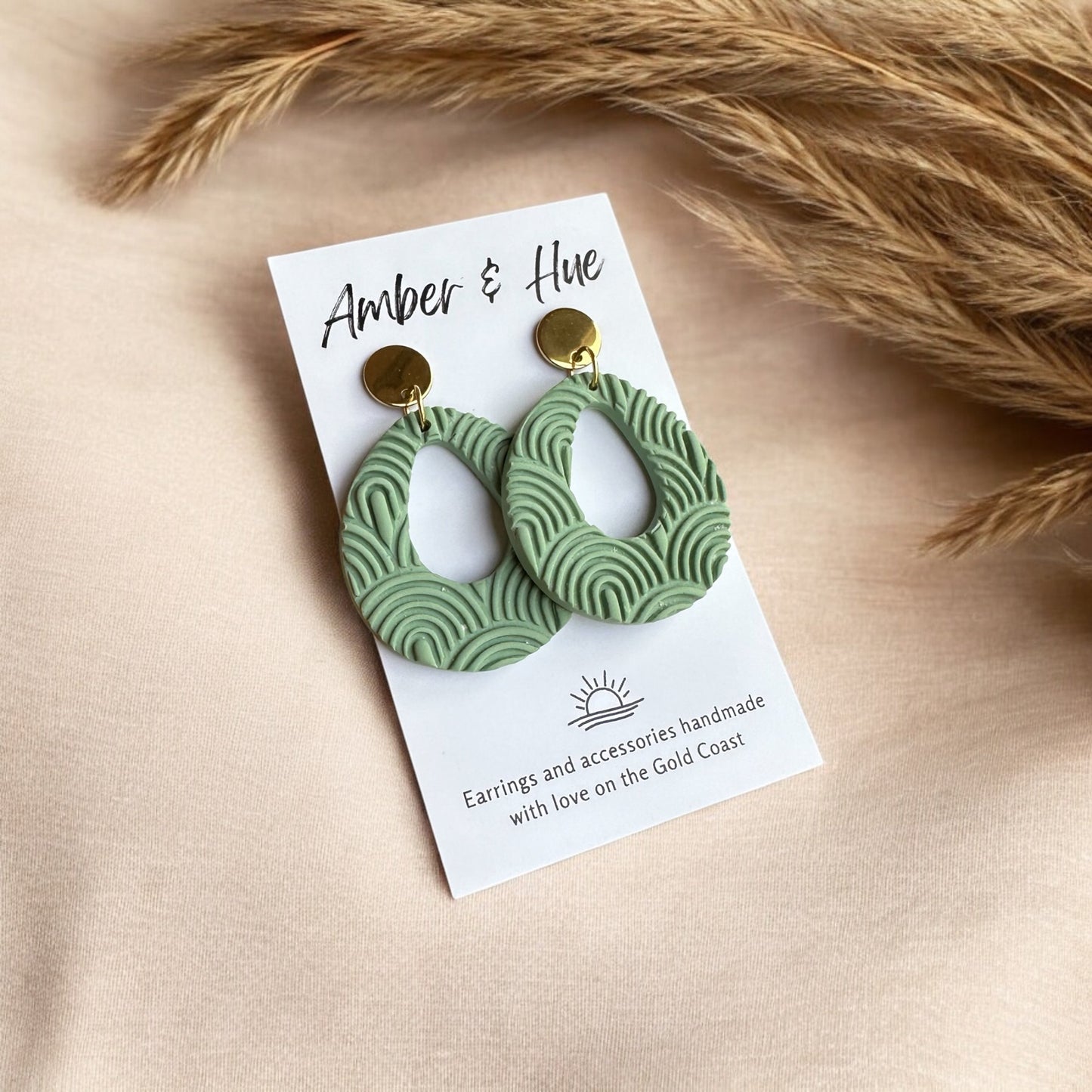 Rounded Teardrop Light Green Dangle Earrings With Gold Stud Post