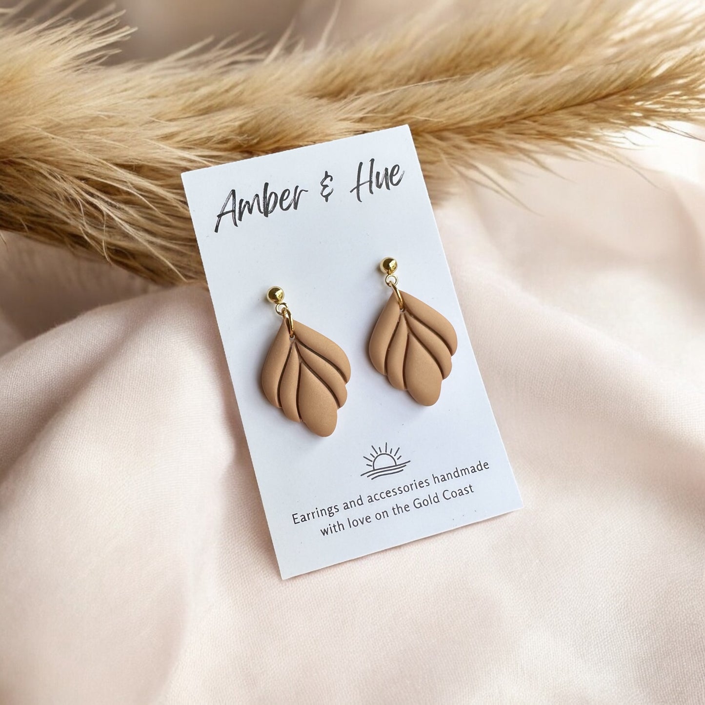 Tan Leaf Shaped Dangle Earrings