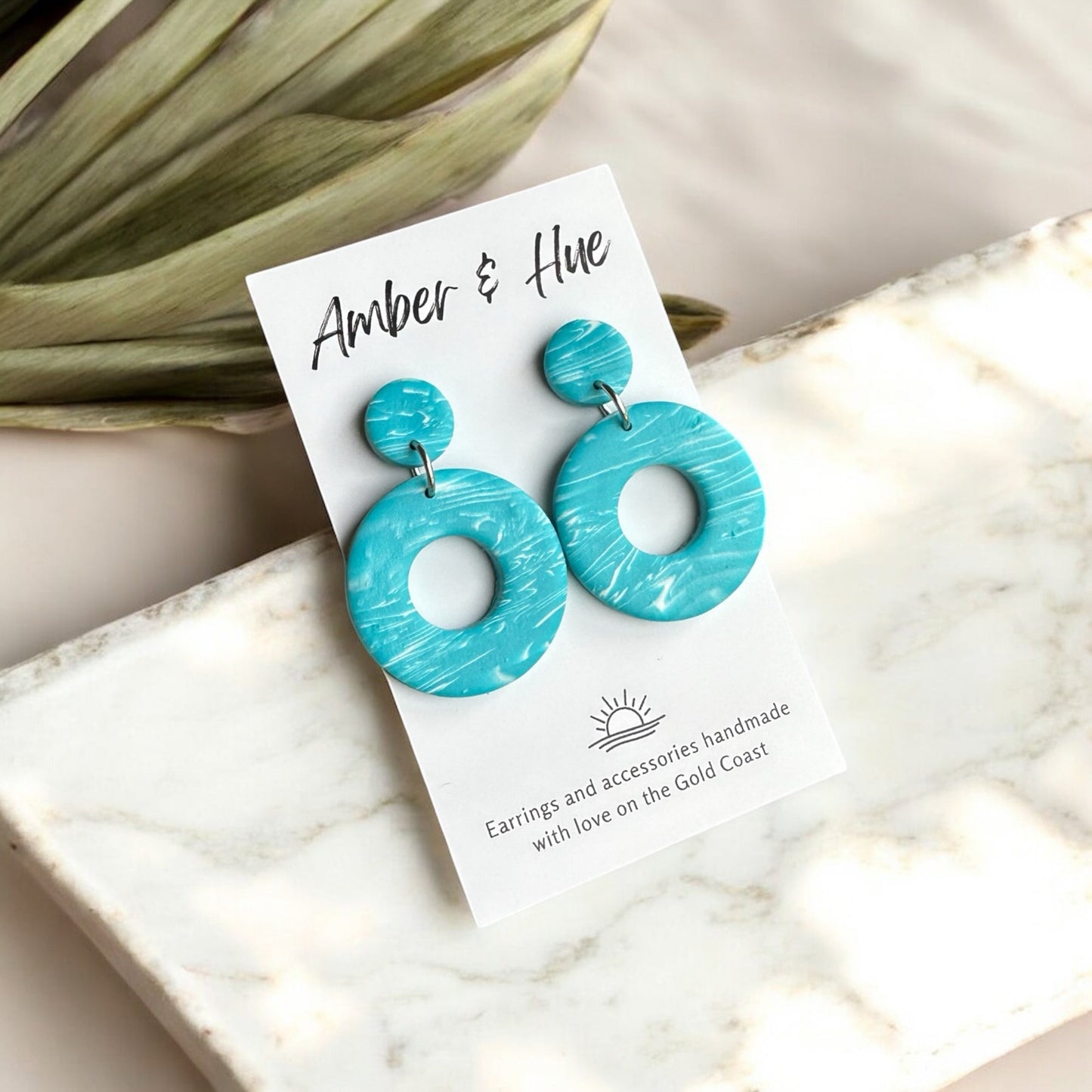 Aqua Marbled Hoop Dangle Earrings