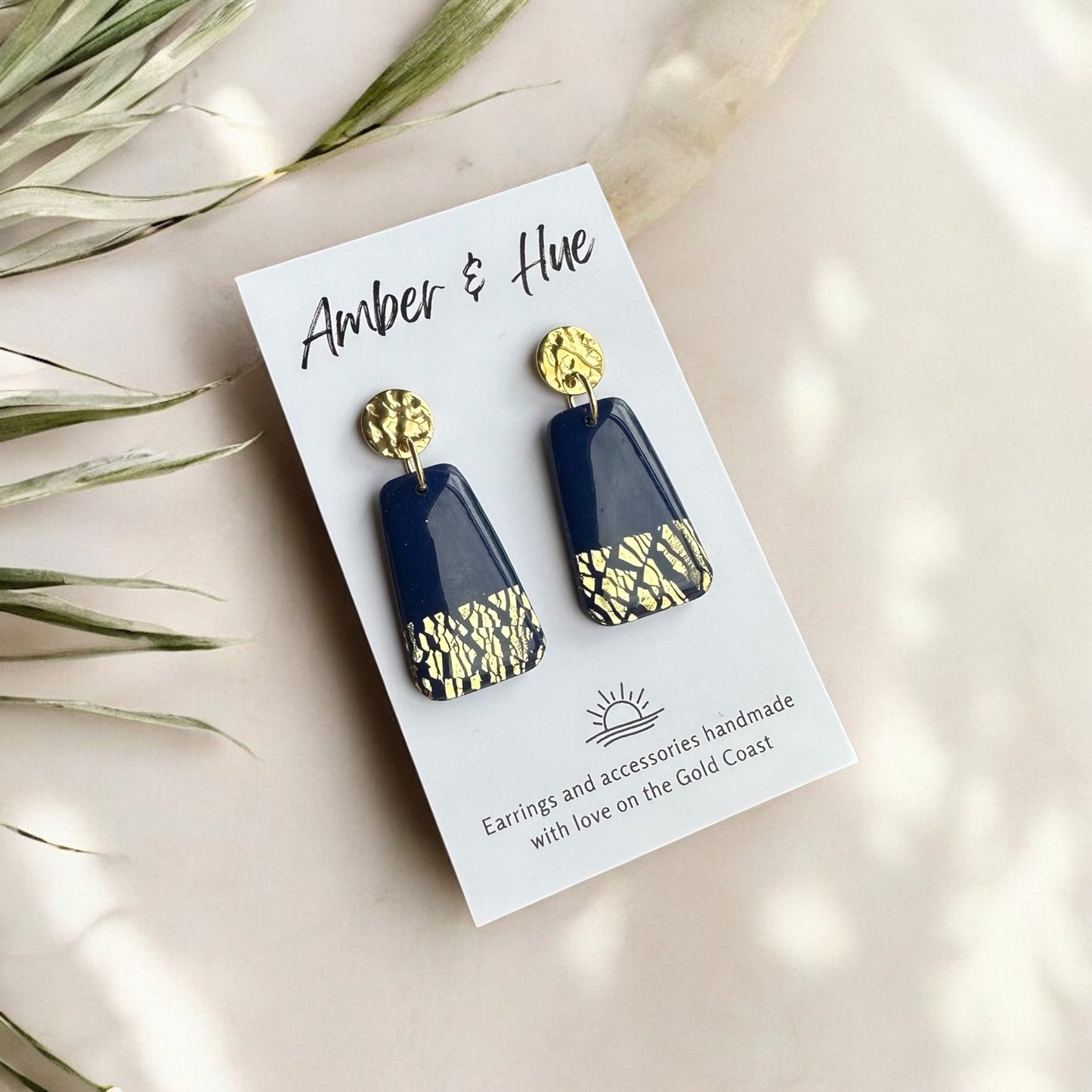 Deep Navy Blue and Gold Gloss Dangle Earrings