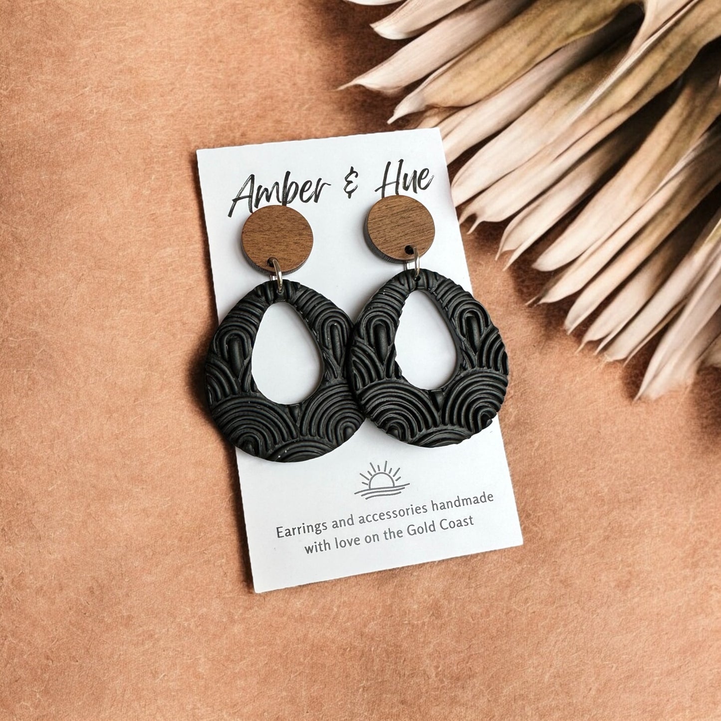 Black Teardrop Textured Earrings With a Wooden Stud Post
