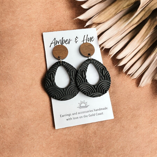 Black Teardrop Textured Earrings With a Wooden Stud Post