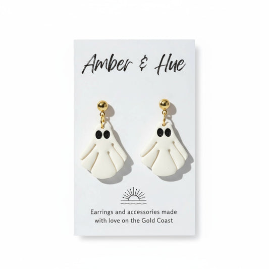 White & Gold Dangle Ghost Halloween Earrings