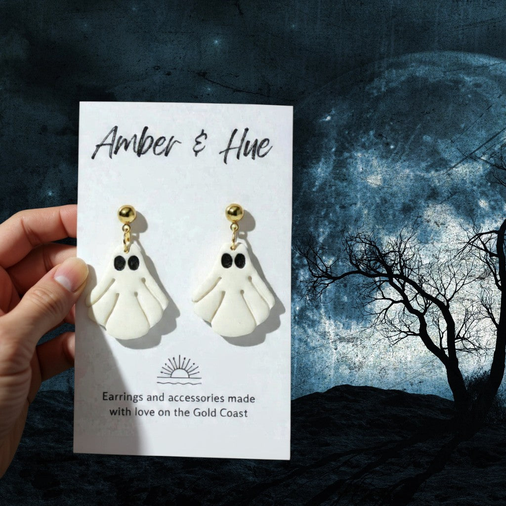 White & Gold Dangle Ghost Halloween Earrings