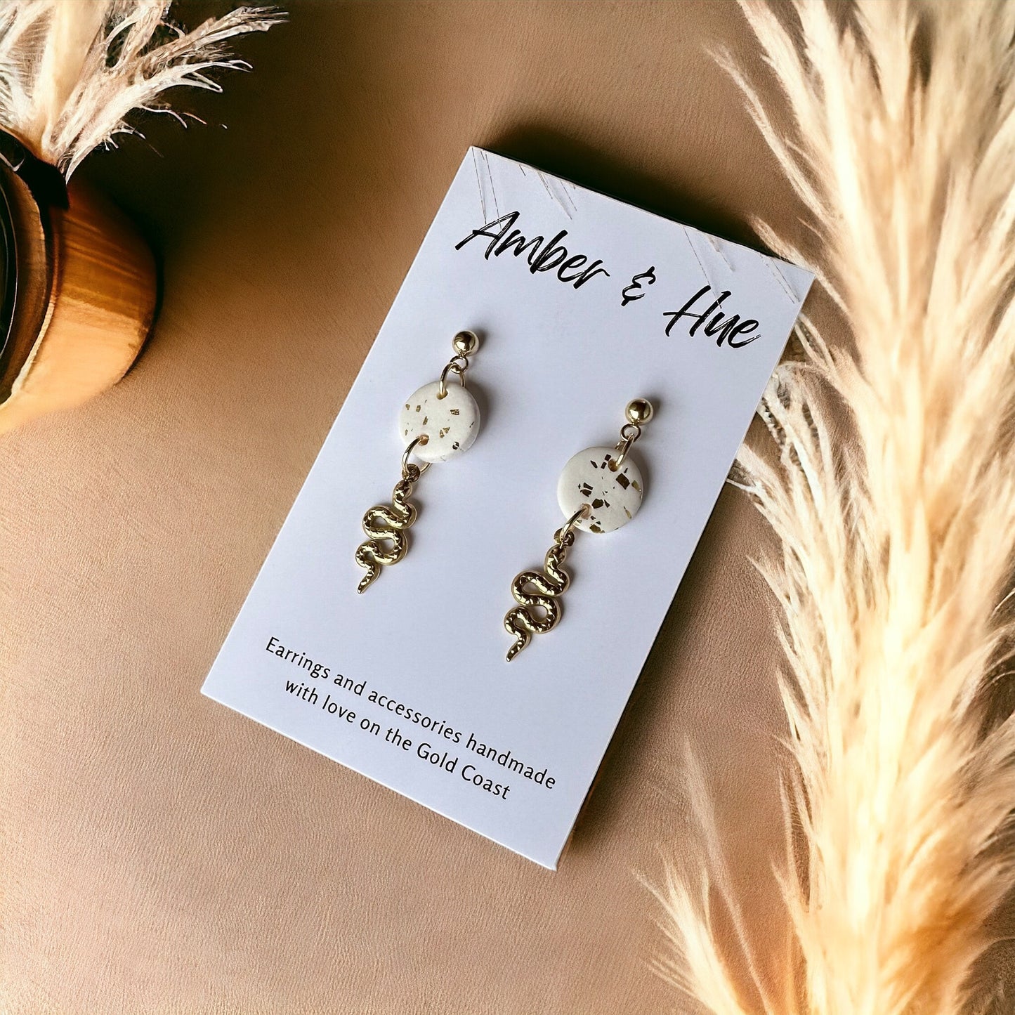 Snake Charm Dangle Earrings White & Gold