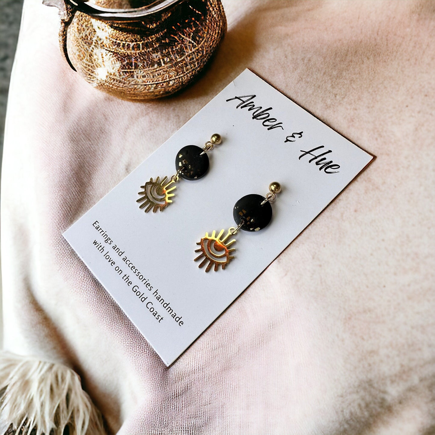 Eye Charm Dangle Earrings Black & Gold
