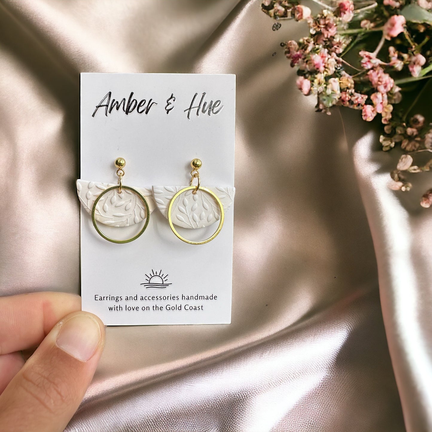 Half Circle White and Gold Dangle Earrings