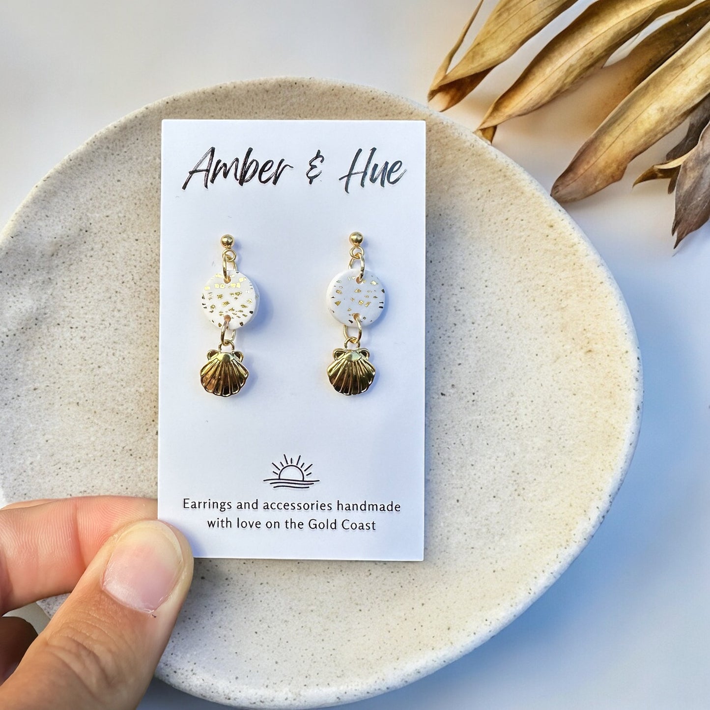 White and Gold Seashell Charm Dangle Earrings
