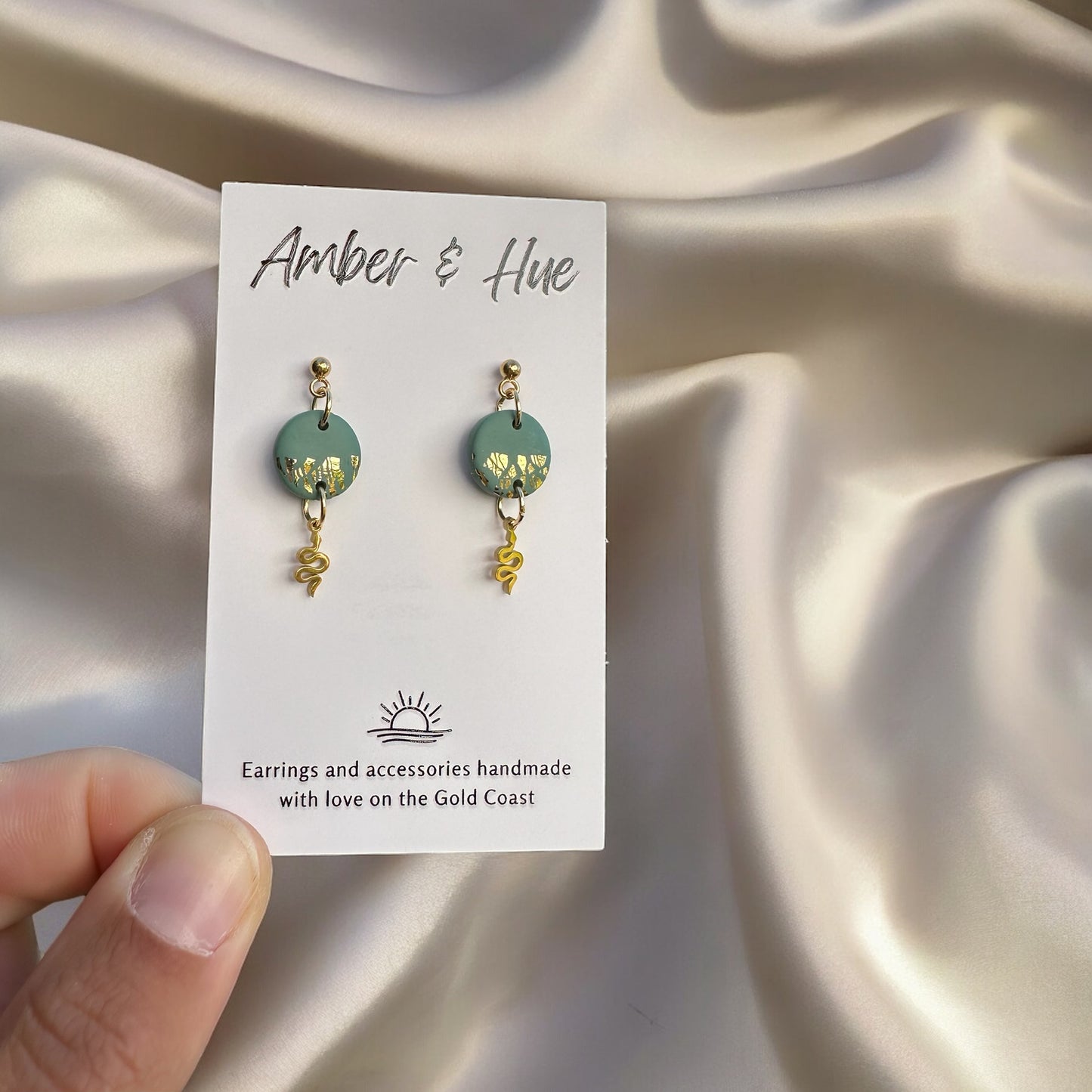 Small Snake Charm Green and Gold Dangle Earrings