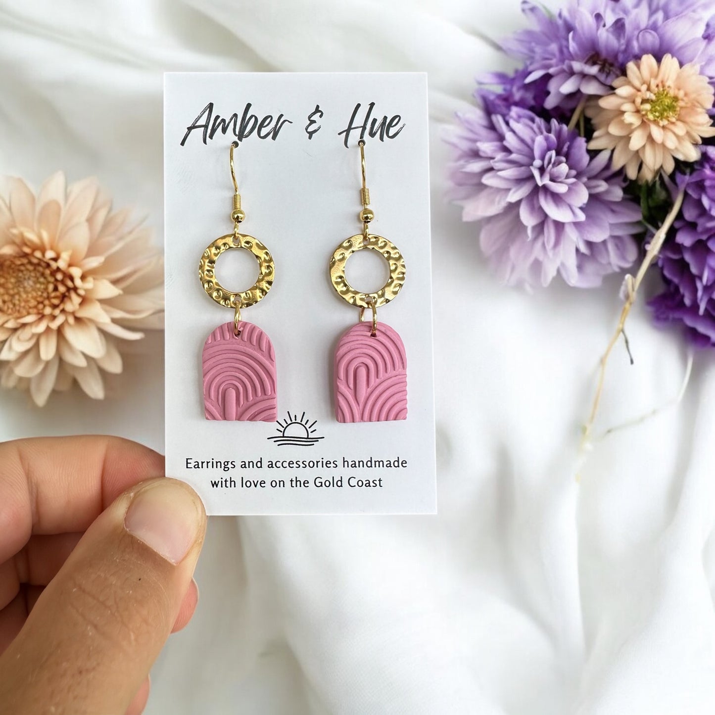 Pink Textured Arch Hook Earrings With Dainty Gold Circle
