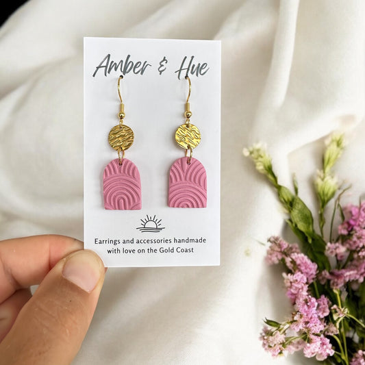 Pink Textured Arch Hook Earrings With Gold Dainty Disk