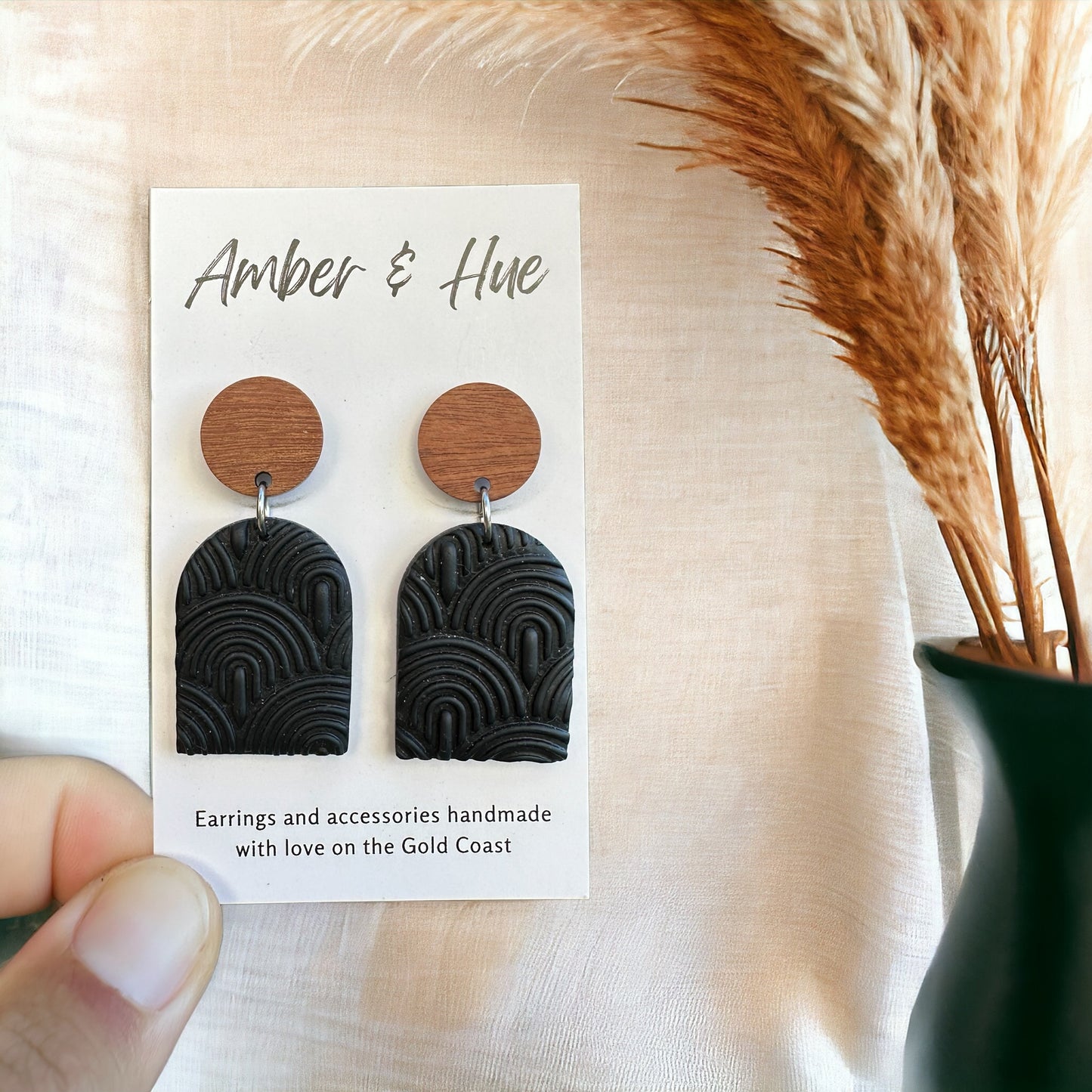 Textured Arch Dangle Earrings With a Wood Stud Post Black