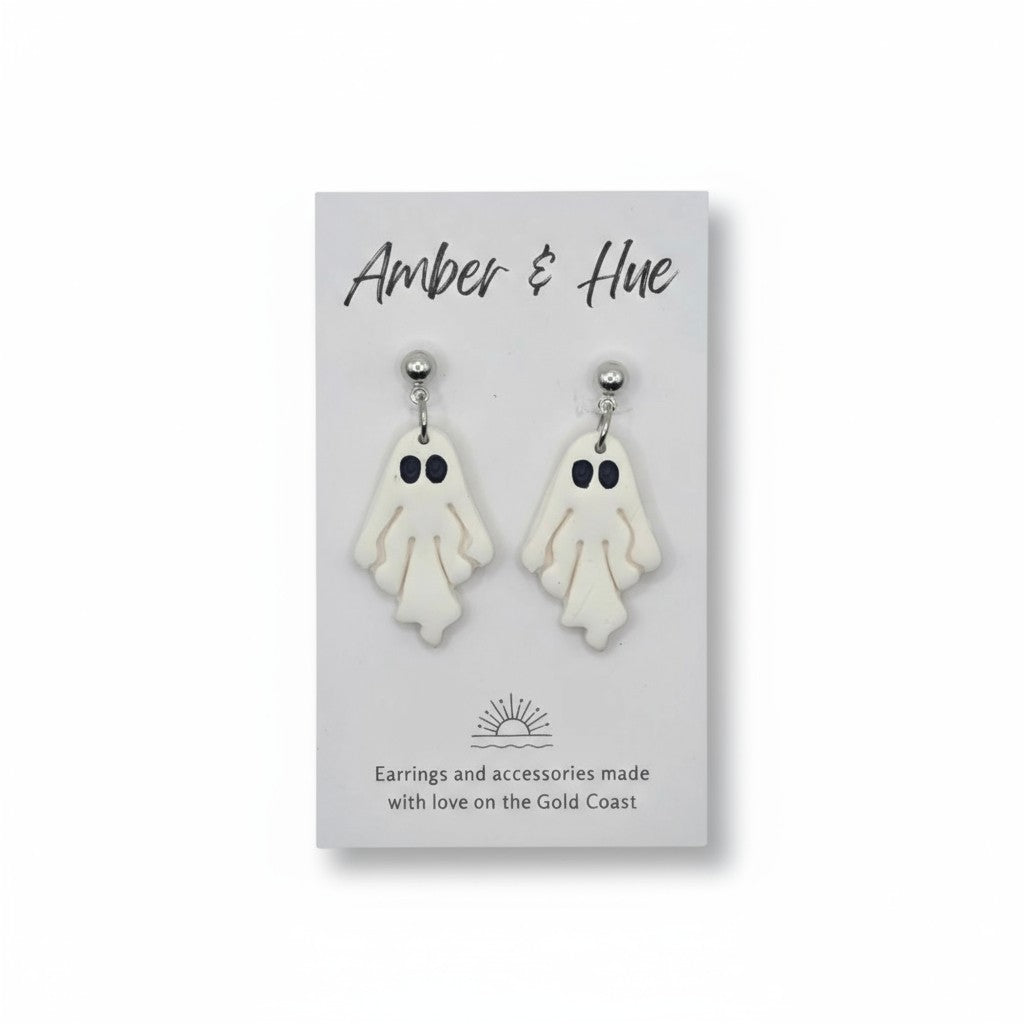 Silver & White Dangle Ghost Halloween Earrings