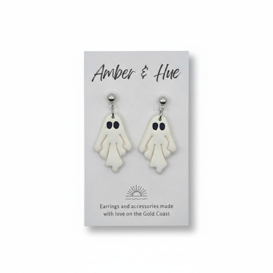 Silver & White Dangle Ghost Halloween Earrings