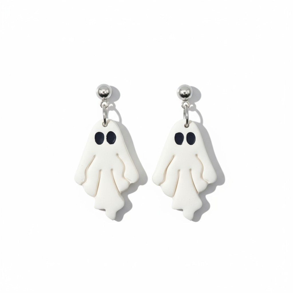 Silver & White Dangle Ghost Halloween Earrings