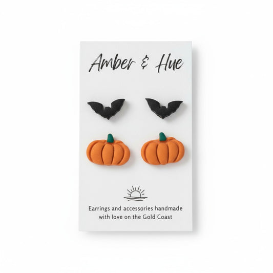 Bat & Pumpkin Halloween Earrings Stud Set