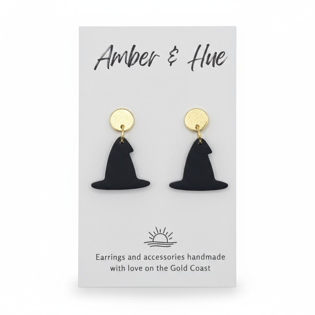 Black and Gold Witches Hat Dandle Halloween Earrings