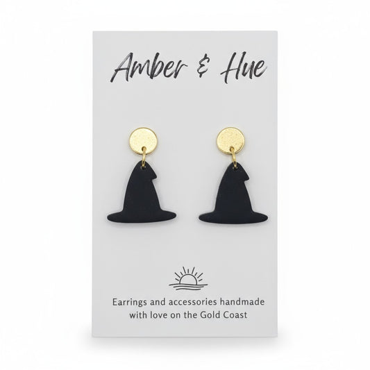 Black and Gold Witches Hat Dandle Halloween Earrings