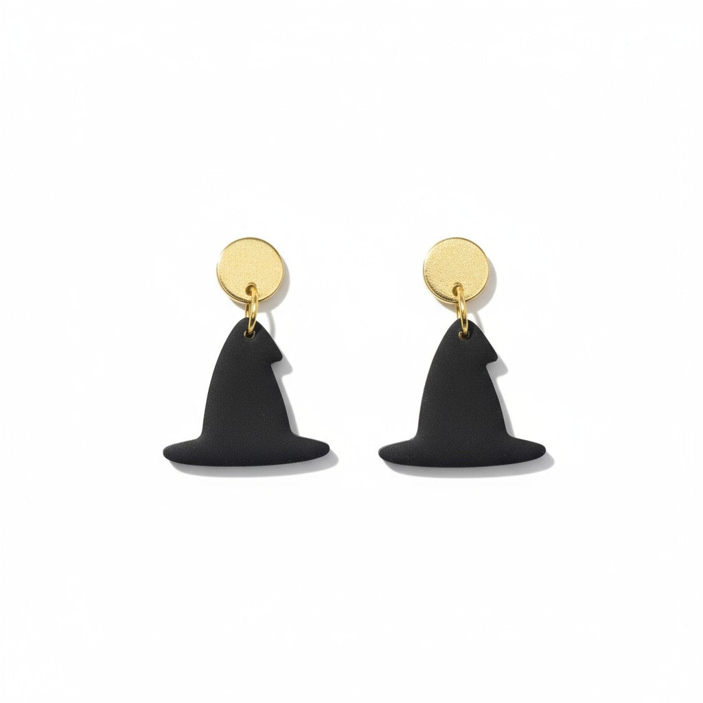 Black and Gold Witches Hat Dandle Halloween Earrings