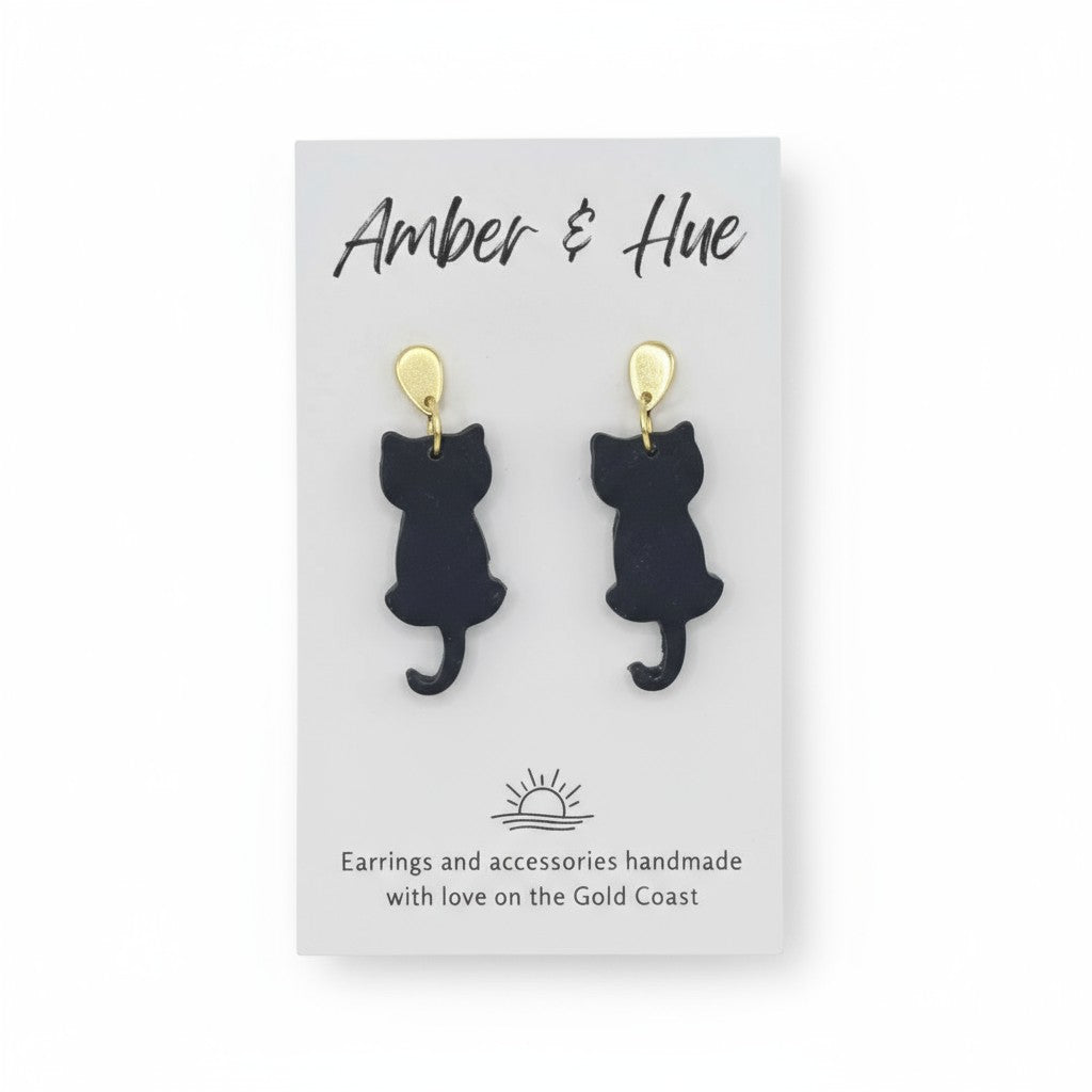Gold Dangle Black Cat Halloween Earrings
