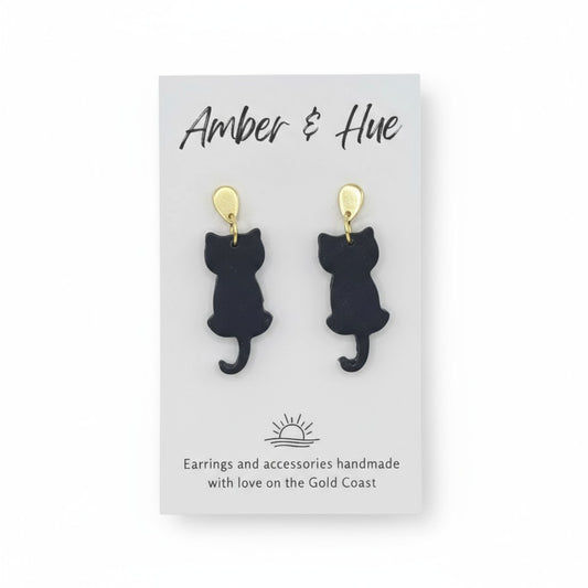 Gold Dangle Black Cat Halloween Earrings