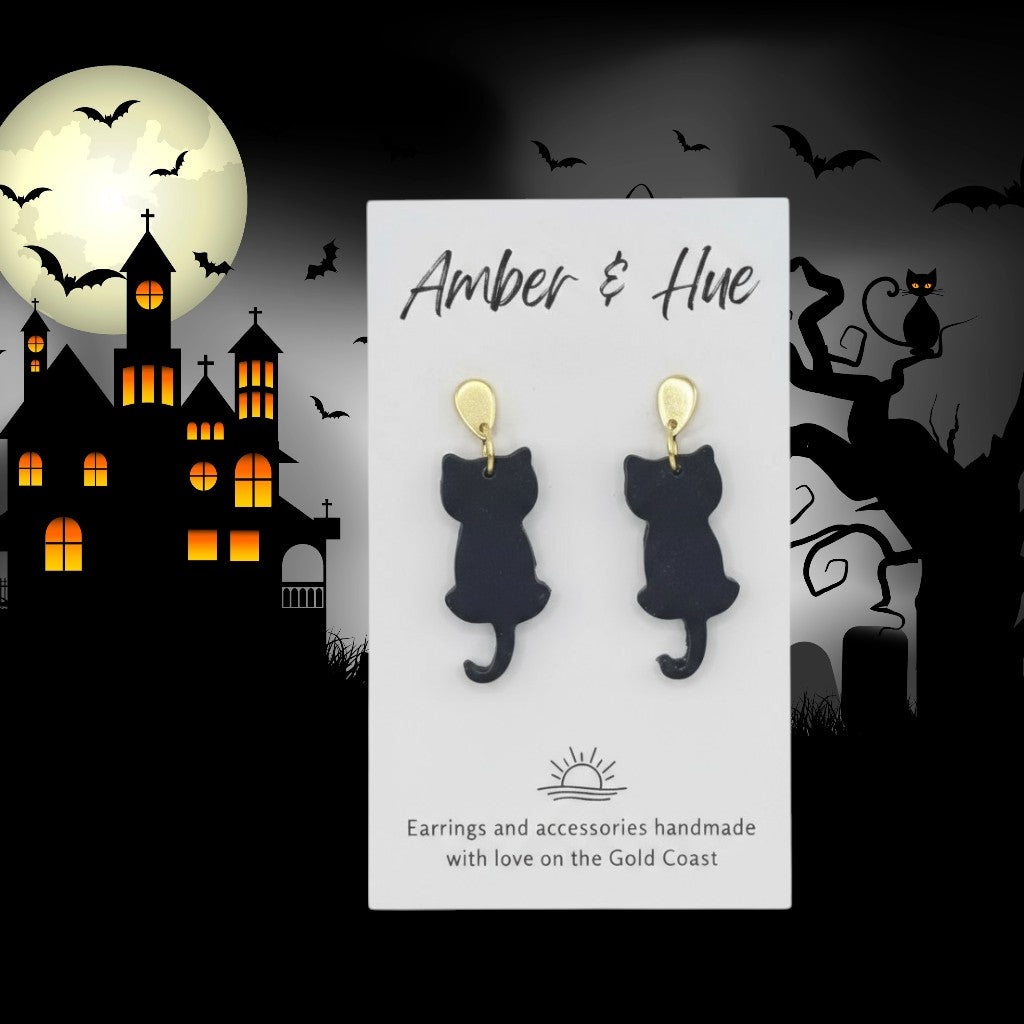 Gold Dangle Black Cat Halloween Earrings