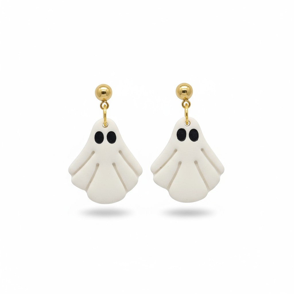 White & Gold Dangle Ghost Halloween Earrings