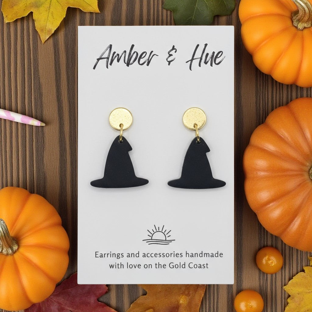 Black and Gold Witches Hat Dandle Halloween Earrings