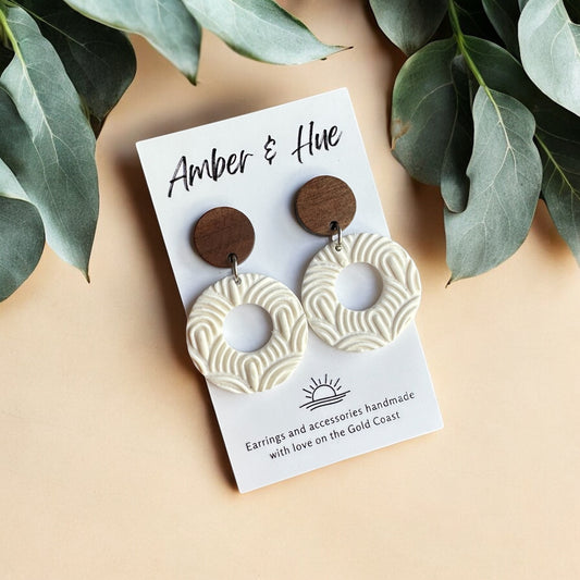 Textured White Hoop Dangle Earrings With Wooden Stud Post