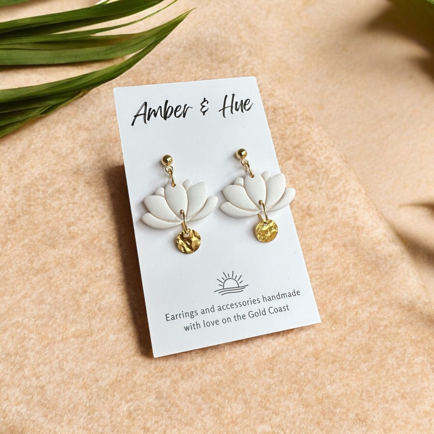 Lotus White and Gold Charm Dangle Earrings