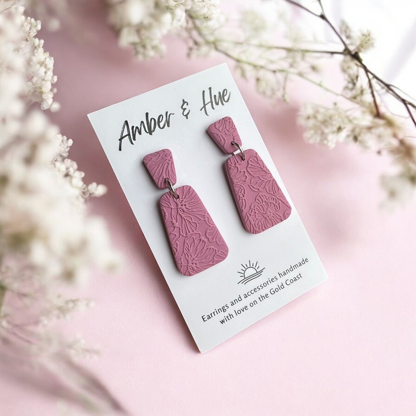 Pink Floral Imprint Dangle Earrings