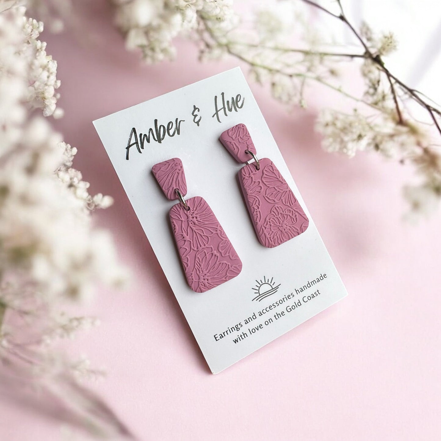 Pink Floral Imprint Dangle Earrings