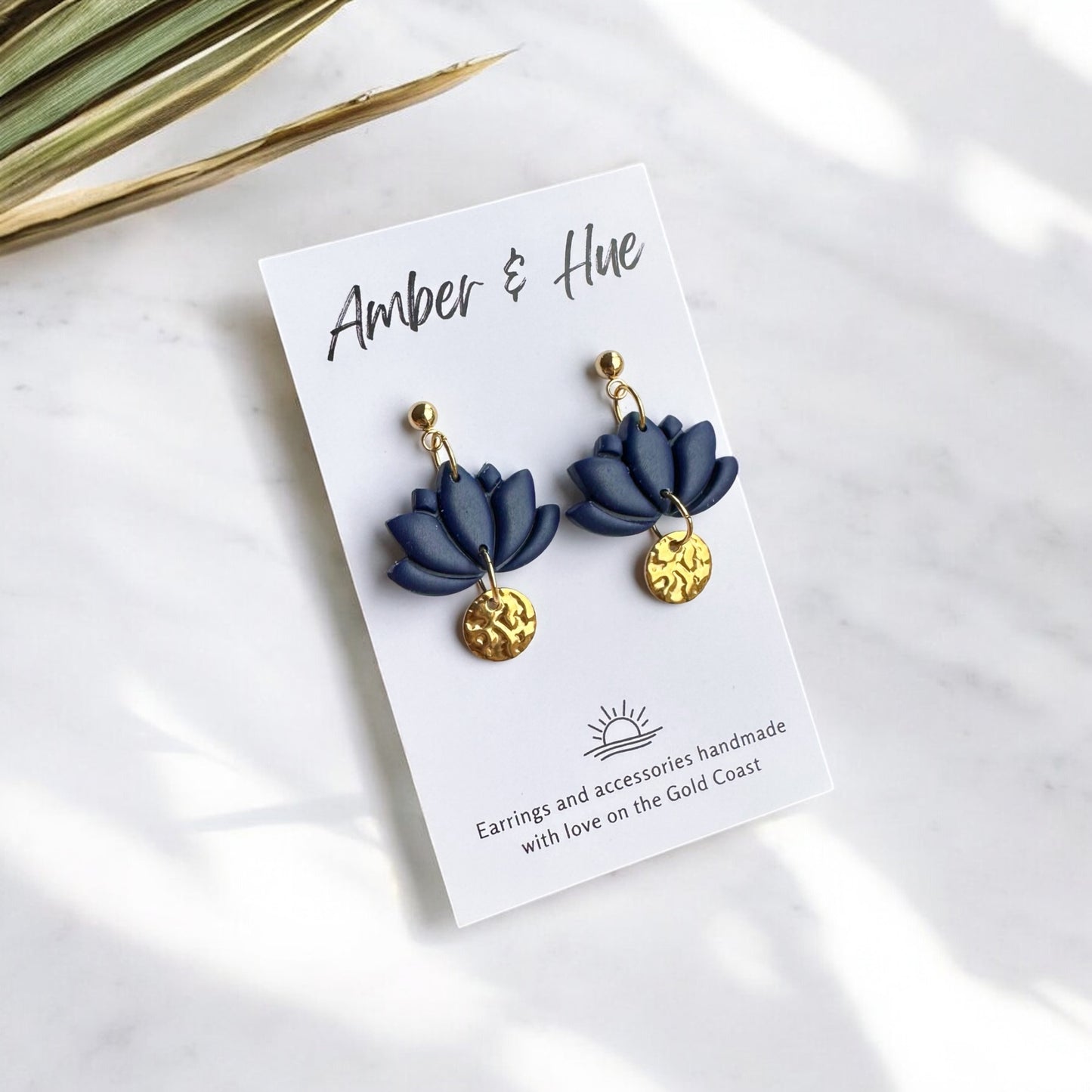 Navy Blue Lotus and Dainty Gold Disk Dangle Earrings